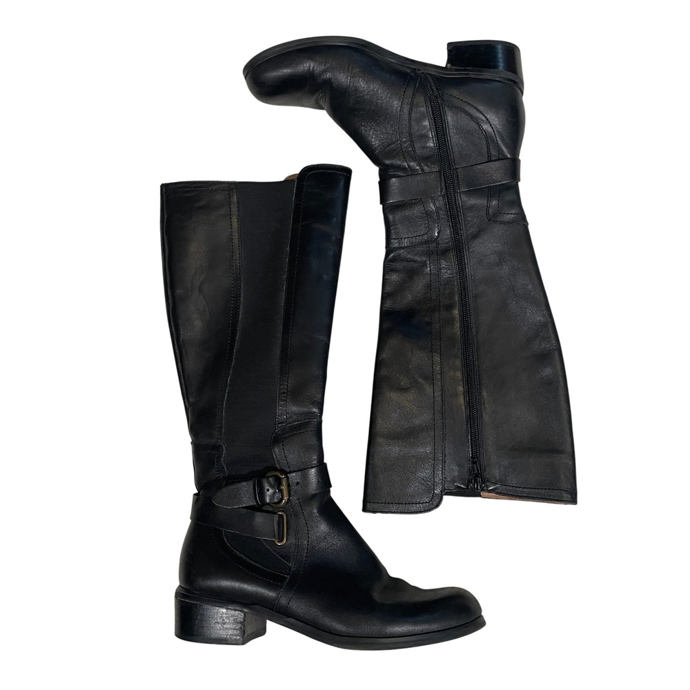 Corso Como Tall Riding Boots Black Leather Buckle Ankle Strap Knee High Size 6.5